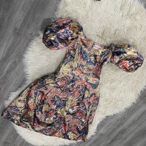 ANN LAWRENCE VTG 80as puff sleeve iridescent sweetheart watercolor midi dress 12